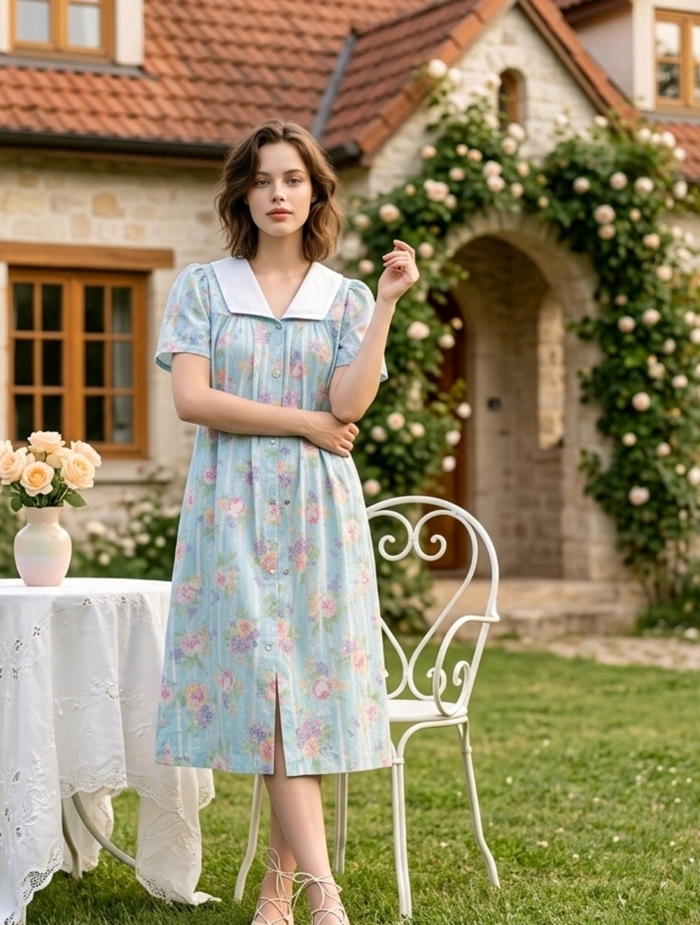 Vintage MCM Retro Pastel Blue Pink Floral Snap Robe Collared Nightgown S Grandma